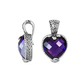 Sterling Silver Heart-Shaped Pendant With Polished Amethyst Quartz And Antique Bali Floral Detailing